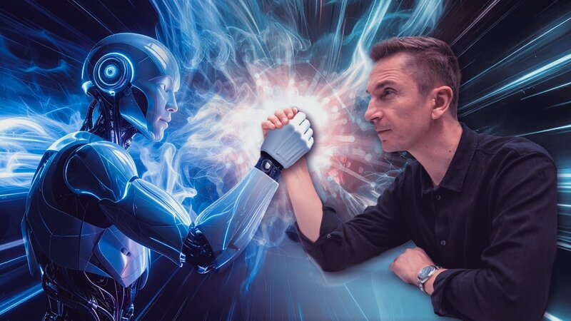 Mensch gegen Maschine: Eric Mayer liefert sich ein Kraftduell mit einem KI-Roboter. – Bild: ZDF und Henning Sliwa