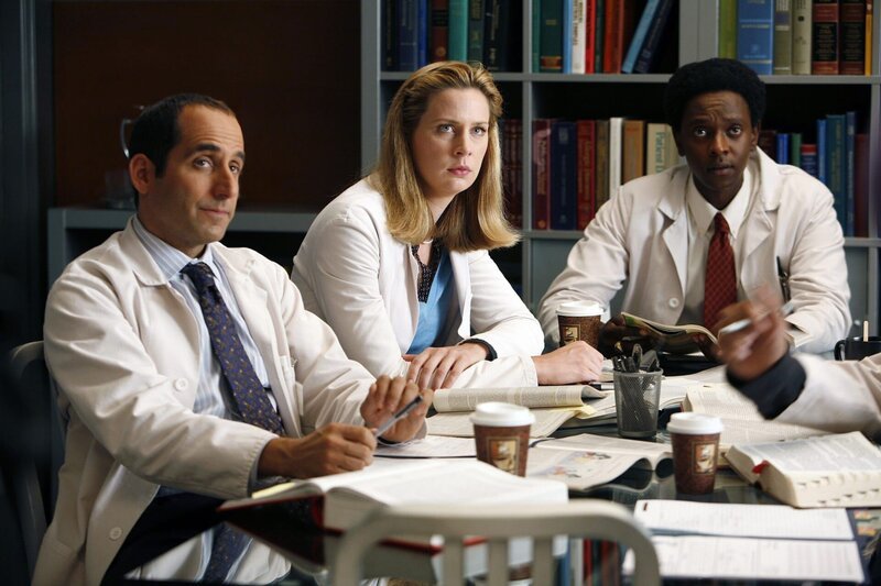 Dr. Chris Taub (Peter Jacobson, l.), Dr. Amber Volakis (Anne Dudek, M.) und Dr. Jeffrey ‚Big Love‘ Cole (Edi Gathegi, r.) müssen als Team zusammenarbeiten. Ob das gut geht? – Bild: NBC Universal, Inc.