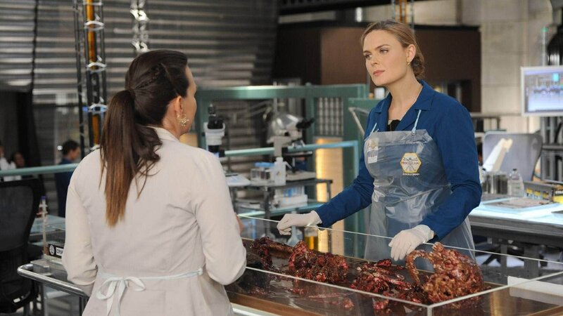 Obwohl sie kurz vor der Entbindung steht, stürzt sich Daisy (Carla Gallo, l.) in die Arbeit und versucht gemeinsam mit Brennan (Emily Deschanel) die Todesursache des Opfers zu ermitteln. – Bild: TVNOW /​ FOX