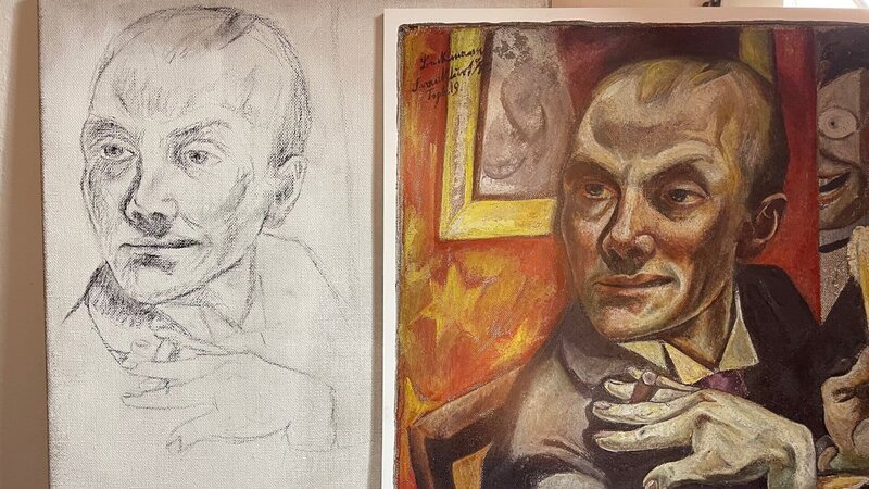 Für eine gelungene Kopie, muss die Skizze von Max Beckmanns „Selbstbildnis mit Sektglas“ sitzen. – Bild: 3sat