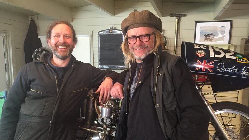 Henry and Sam happy with their newly bought ‚Quartermaster‘ drag bike, as seen on Travel Channel’s Shed and Buried – Bild: Scripps International Media Holdings, LLC