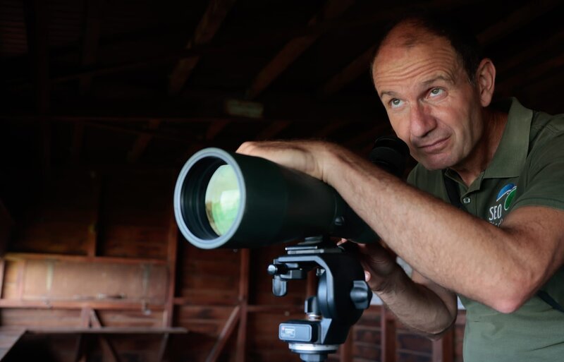 Marc Viñas Alcón leitet das „SEOBirdLife“-Team auf der Finca Riet Vell und führt ein Programm zum Schutz der Vogelwelt durch. – Bild: Alba Vivancos /​ ZDF