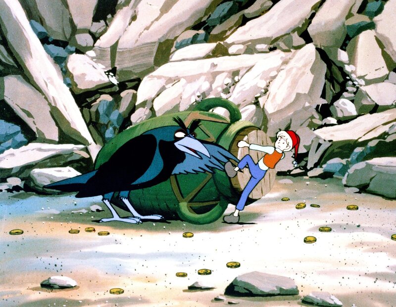 Krampfhaft bemüht sich Nils Holgersson den alten Münztopf zu öffnen, in dem die Krähe Wind Kara gefangen hat. – Bild: ORF/​Apollo Filmverleih