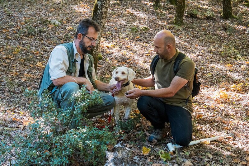 Zu Tisch Meteora – Griechenland Nikos und sein Cousin loben den erfolgreichen Trüffelhund Hermes – Bild: SRF/​Marina Funck