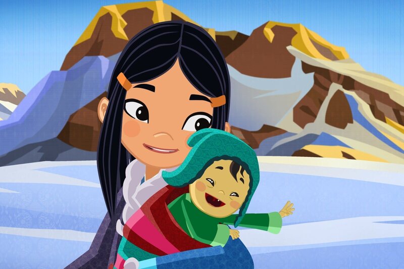 Shila mit dem kleinen Prinzen Jodor. Die drei Freunde wollen ihn zu seinen Eltern auf die andere Seite der Berge bringen. – Bild: MDR/​2013 MotionWorks, Marco Polo Prod. Inc., Melusine Prod., Magpie 6 Media Ent. Ltd./​Monster Ent. Ltd.