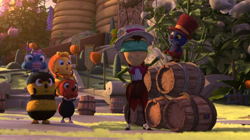 Gregor Grille und Klaus, die Laus, erklären den kleinen Krabblern – Frieda Fliege, Josefine, die Biene, Heini Hummel und Paula Pünktchen – die Regeln des Hindernislaufs: Man tritt zu zweit an. Der eine bekommt die Augen verbunden, und der andere gibt die Anweisungen. – Bild: ZDF/​2019 – METHOD ANIMATION … /​ KiKA