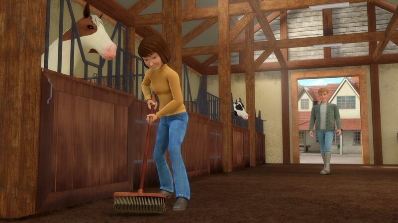 Gunnar (hinten) hat noch eine Idee, wo Heike (vorne) auf Rosenborg helfen könnte. Heike hat nämlich Zeit. Ihr Antiquitätenladen wird renoviert. – Bild: ZDF und Wendy and Associated Characters (c) WPL