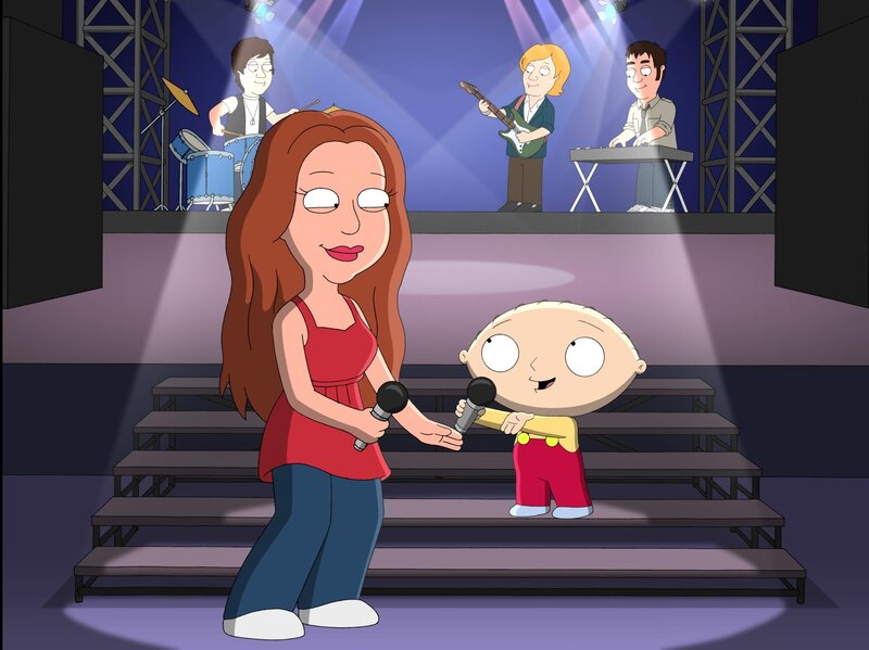 Stewie (r.) ist wahnsinnig aufgeregt, weil Miley Cyrus (l.) in der Stadt ist. Tatsächlich verschafft er sich, obwohl er keine Karten hat, Einlass und trifft den Star persönlich … – Bild: Twentieth Century Fox Film Corporation