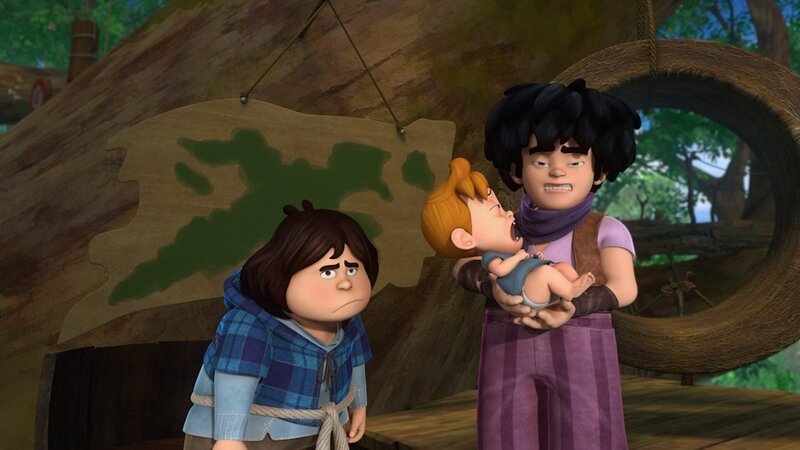 Sichtlich genervt sind Tuck und Little John vom Weinen des Babys, dessen Beschützerrolle sie übernommen haben. – Bild: ZDF/​2014 Method Animation, DQ Entertainment, Fabrique dŽimages, ZDF, ZDF Enterprises, De Agostini