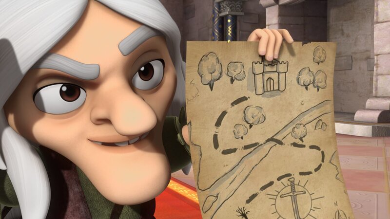 Eine alte Druidin zeigt Prinz John einen Plan auf dem der Ort aufgezeichnet ist, an dem sich Excalibur, das legendäre Schwert der Könige, befindet. – Bild: ZDF/​2014 Method Animation, DQ Entertainment, Fabrique d¿images, ZDF, ZDF Enterprises, De Agostini
