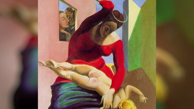 Max Ernst, Öl auf Leinwand, 1926: „Die Jungfrau züchtigt das Jesuskind vor drei Zeugen: André Breton, Paul Éluard und dem Maler“. – Bild: ORF/​Arte