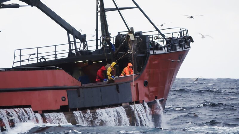 F/​V Seabrooke at sea line in block, crew on deck – Bild: Warner Bros. Discovery, Inc.
