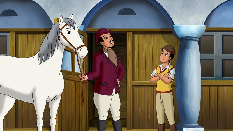 Falko (M.) präsentiert dem verblüfften Alex (r.), den Schimmel Caesar. Auf ihm soll er reiten und das Osterfeuer anzünden. – Bild: ORF/​ZDF/​Kiddinx Studios