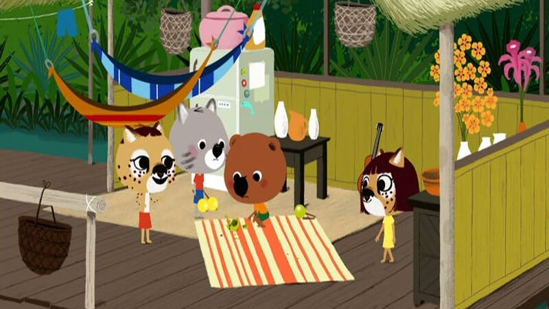 Mouk und Chavapa sind in Venezuela bei ihren eingeborenen Freunden Joropo und Raina eingeladen. Die beiden zeigen, wie man Maracas aus Kalebassenfrüchten und Stöcken macht, damit sie ein Konzert geben können. – Bild: KiKA/​Millimages