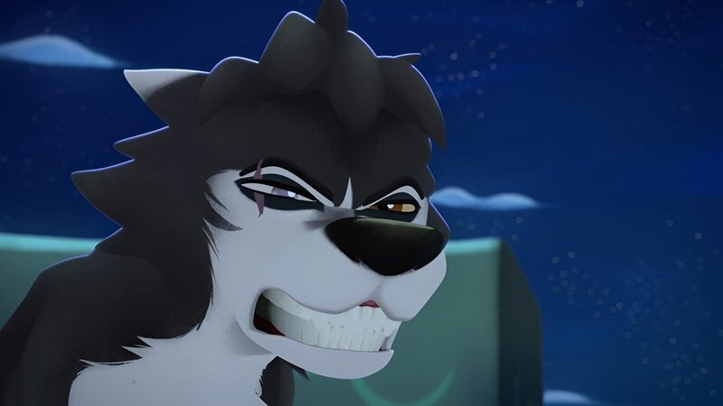 Ein fremder Wolf hat sich verirrt. Lupin, der zum ersten Mal einem Artgenossen begegnet, überredet Belfort, dem Wolf zu helfen, den Weg zurück in den Wald zu finden. – Bild: SWR/​Ellipse Anime Productions/​Belvision/​Dargaud Media/​RTBF /​ KiKA