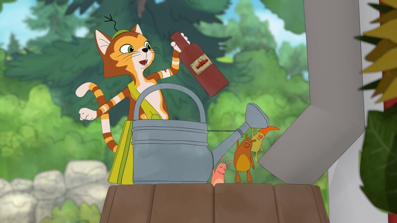 Findus mischt ein paar Tropfen Apfelessig ins Gießkannenwasser. – Bild: ZDF/​2021 Edel Germany GmbH