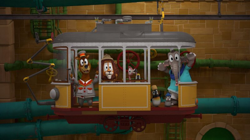 Balduin (Bär), Lionel (Löwe), Flora (Flamingo), die Pinguine und Frau Emily feuern Bruno an. – Bild: ZDF/​Grid Animation