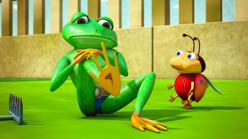 Käfer Ludwig sorgt sich um den armen Caruso. Denn der Frosch ist bei der wilden Jagd nach Pusteblumen-Schirmchen auf eine Harke gesprungen. – Bild: ZDF/​Scopas Medien AG