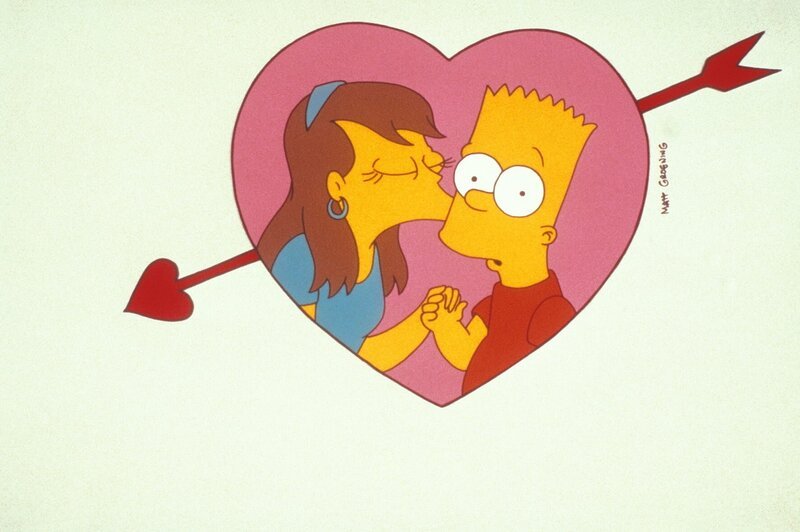 Bart (r.) bekommt einen Kuss von seiner geliebten Jessica (l.), die Tochter von Reverend Lovejoy. – Bild: und TM Twenthieth Century Fox Film Corporation – Alle Rechte vorbehalten Lizenzbild frei
