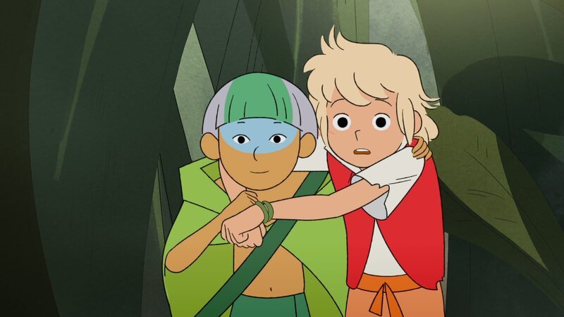 Tobie (re.) wird von Mondkopf (li.) gleich zwei Mal gerettet. Die beiden werden Freunde. – Bild: TANT MIEUX PROD/​ ZDF/​ ZDF STUD /​ ZDF und TANT MIEUX PROD/​ ZDF/​