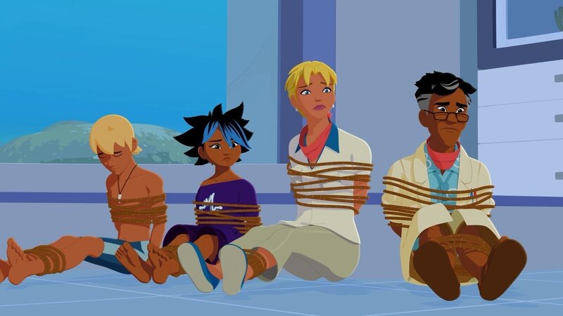 Yann, Maimiti, Anita und Nino wurden gefangenen genommen, weil sie dem Gauner Reldan bei einem illegalen Geschäft im Weg waren. Jetzt hoffen die vier auf Rettung. – Bild: ZDF