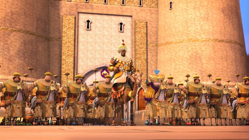 Sherazade und Karim lernen den Herrscher der Insel kennen – Dämon Akatash. – Bild: rbb/​Hahn Film AG /​ Chocolate Liberation Front /​ Toonz Entertainment /​ 1001 Nights Productions Pty Ltd