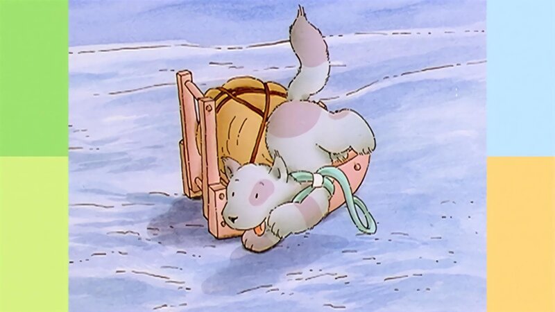 Lars und seine Freunde helfen gemeinsam einem kleinen Schlittenhund aus der Patsche. – Bild: WDR/​Die Sendung mit dem Elefanten