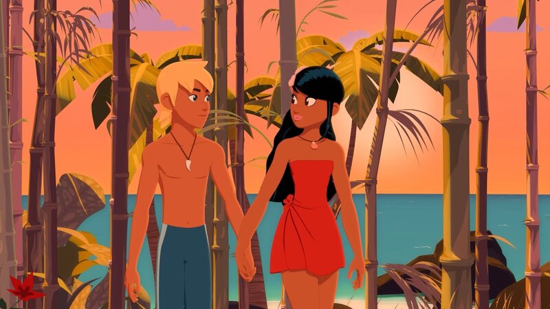 Der aufregende Tag findet doch noch ein harmonisches Ende. Yann und Timeti genießen den Sonnenuntergang an ihrem Jahrestag bei einem romantischen Spaziergang. – Bild: ZDF