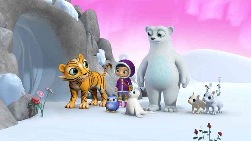 Wissper – Der Eismonster-Drache – Wisspers Freund, der Eisbär Bert, hat eine großartige neue Eisbärenhöhle gefunden. Aber er traut sich nicht hinein, denn man kann unheimliche Töne aus dem Inneren hören. Er hat Angst, dass in der Höhle ein böser „Eismonster-Drache“ haust. Wissper bittet Tigerin Stripes um Hilfe. Diese ist furchtlos und stark. Stripes soll der Sache auf den Grund gehen und etwaige Monster verscheuchen. – Bild: ORF/​STUDIO 100 MEDIA