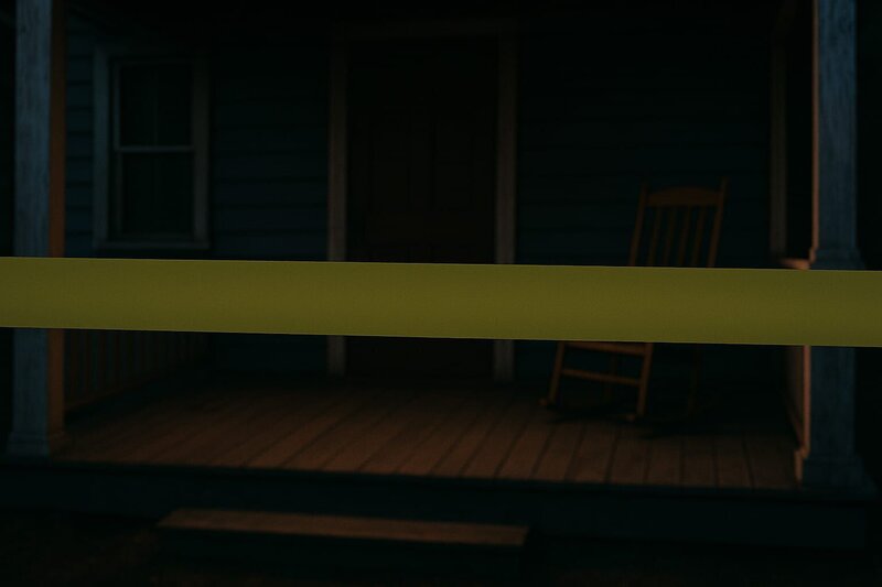 Eine schwach beleuchtete Veranda-Szene vermittelt Spannung und Geheimnis. Ein gelbes Polizeiband spannt sich über den Eingang und deutet auf einen ungeklärten Vorfall hin. Die Umgebung ist ruhig, verstreute Gegenstände deuten auf kürzliche Aktivitäten hin. Die Atmosphäre ist angespannt, ohne dass explizite Gewalt dargestellt wird. – Bild: Copilot