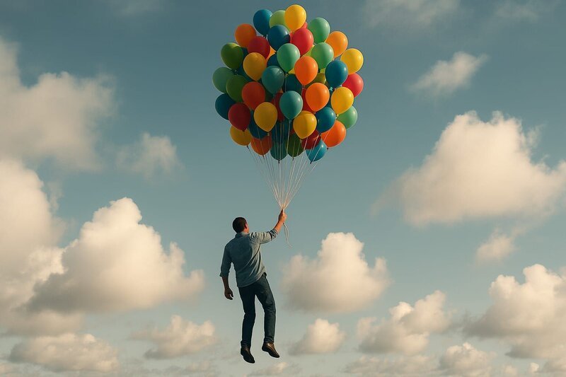 Eine surreale und erhebende Szene zeigt einen Mann, der durch den Himmel schwebt, getragen von Dutzenden bunter Ballons. Sein Gesicht ist nicht sichtbar, was der Darstellung eine geheimnisvolle und universelle Note verleiht. Der Himmel ist weit und hell und vermittelt ein Gefühl von Freiheit und Staunen. – Bild: Copilot