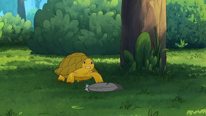 Eine Feder von Krähe Kiki lässt Törtel, die Schildkröte, nichts Gutes erahnen: Was ist dem Vogel zugestoßen? – Bild: ZDF/​Caligari Film