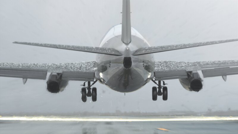 Die Air Florida 737 beschleunigt die Startbahn hinunter, Blick auf den Rumpf und die Tragfläche mit Triebwerk. (credit: Cineflix International Media) – Bild: NGC /​ Cineflix International Media