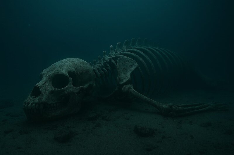Tief unter dem Mittelmeer liegen die Überreste eines riesigen Skeletts teilweise im Meeresboden vergraben. Das umgebende Wasser ist dunkel und geheimnisvoll, Lichtstrahlen dringen durch die Tiefe. Meereslebewesen schwimmen vorsichtig in der Nähe und verstärken die unheimliche und uralte Atmosphäre der Szene. – Bild: Copilot