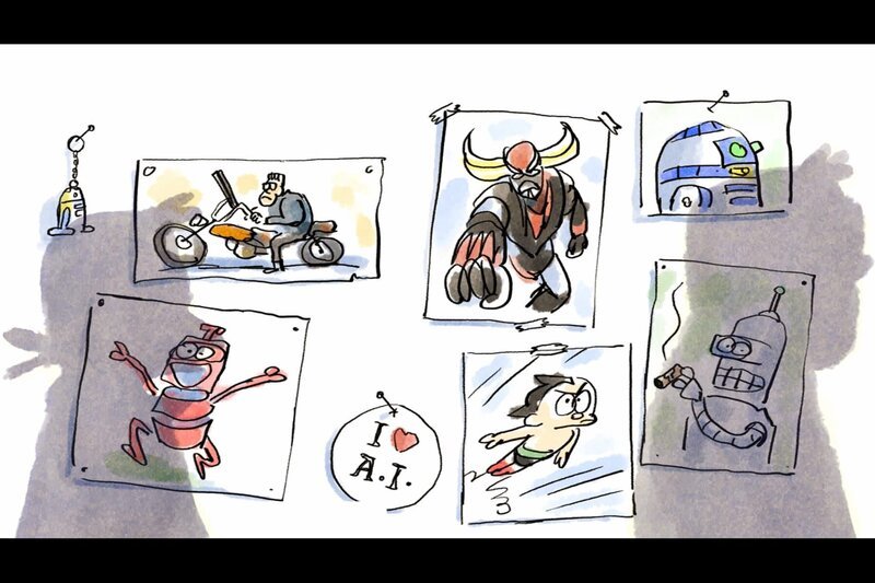 Professor Schnauzbart besucht Robotik-Experten und will herausfinden, ob schon bald ein echter Terminator kommt. – Bild: Folimage/​Ex Nihilo