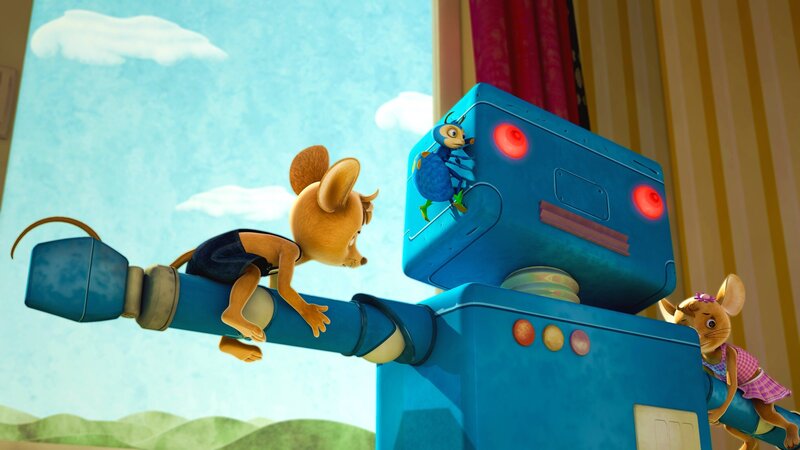 Der verrückte Robo macht alles kaputt. Jo, Naya, und die Spinne Scottie wollen ihn einfangen. Ob das gelingt? Denn dieser Robo ist riesig und ganz schön stark. – Bild: KiKA