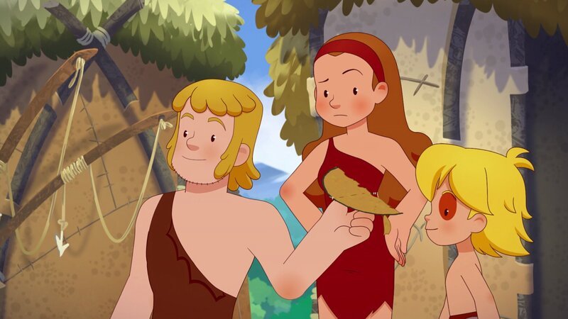 Tom zeigt seinem Sohn stolz einen alten selbstgebauten Holzflieger. – Bild: KiKA/​hr/​TF1/​GO-N Productions