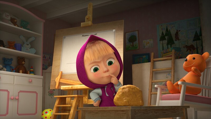 Mascha überlegt, wie sie den Wölfen zu einem schickeren Wagen verhelfen könnte. – Bild: KiKA/​Animaccord LTD