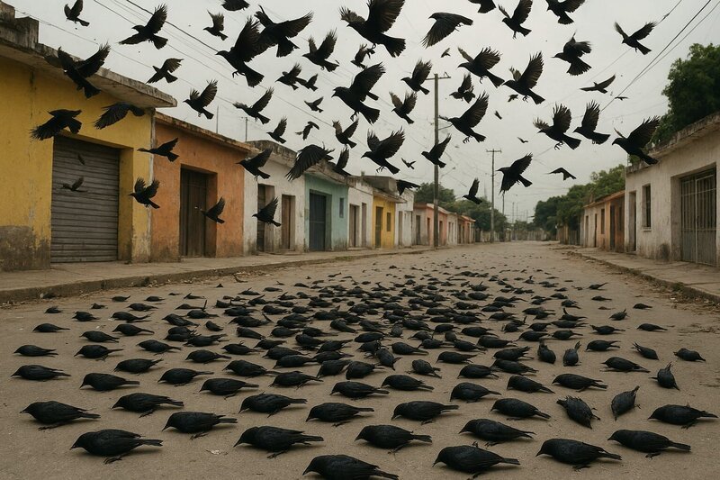 Ein dramatischer Moment in Mexiko: Ein riesiger Schwarm schwarzer Vögel stürzt plötzlich aus dem Himmel herab. Die dunklen Silhouetten kontrastieren stark mit dem hellen Himmel, während die Vögel in chaotischen Mustern fallen. Die Szene wirkt surreal und beunruhigend – als ob die Natur selbst aus dem Gleichgewicht geraten wäre. – Bild: Copilot
