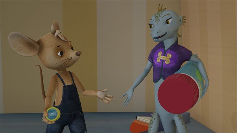 Geschafft! Min Lin und Jo sind auf das Regal gehopst und haben die Salbe für Naya geschnappt. Jetzt müssen sie nur irgendwie wieder runter kommen. – Bild: ZDF und scopas