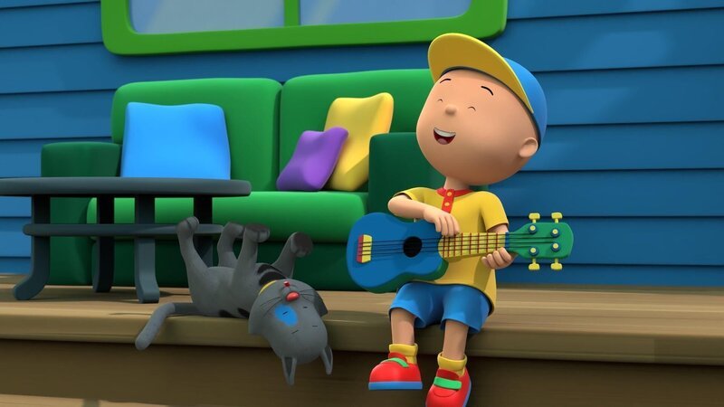 Caillou hat sich auf seiner Gitarre einen tollen Rocksong ausgedacht. – Bild: SUPER RTL /​ Ein Schlaflied für Rosie