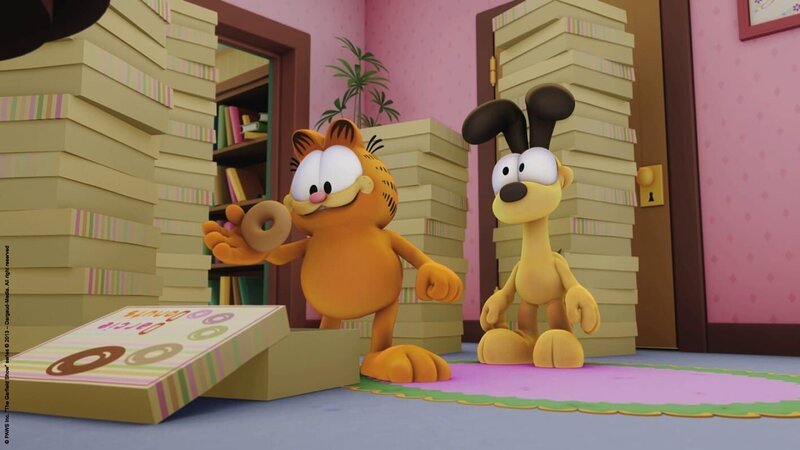 Garfield hat sich auch noch die restlichen von Jons Geburtstags-Donuts unter den Nagel gerissen. Das wird Jon gar nicht gefallen. – Bild: HR/​Dargaud Media/​MediaToon/​Paws Inc./​France 3