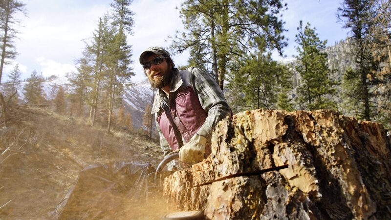 Wes Gregory sawing down a tree, smiling. – Bild: Peter McCabe /​ Discovery Communications, LLC /​ Discovery Channel
