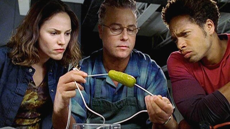 Nach mehreren Experimenten im Labor stellen Sara (Jorja Fox), Gil (William Petersen, M.) und Warrick (Gary Dourdan) fest, dass der menschliche Körper Strom leiten kann. – Bild: MG RTL D