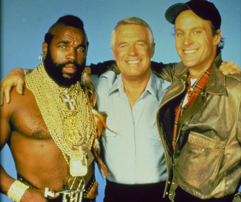 Immer im Einsatz für die Gerechtigkeit: Hannibal (George Peppard, M.), Murdock (Dwight Schultz, r.) und B.A. Baracus (Mr. T, l.) … – Bild: Universal Pictures Lizenzbild frei