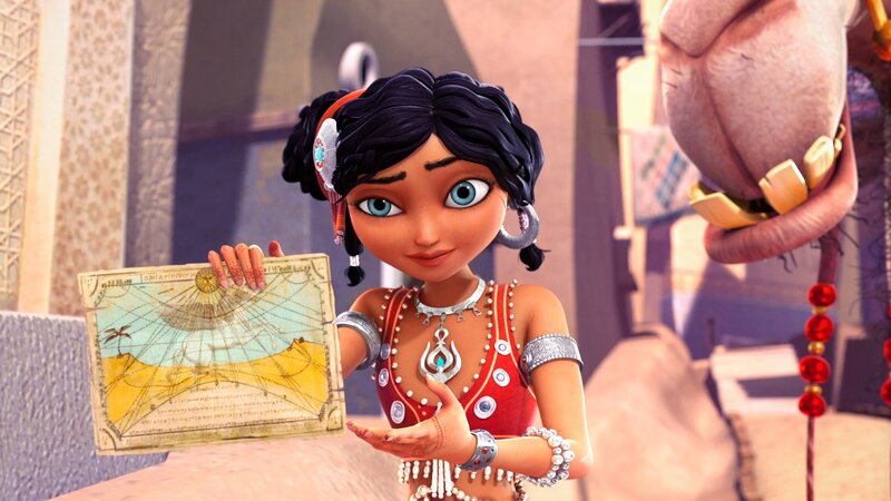 Peribanus Karte führt ins nächste Abenteuer: Auf die Suche nach dem Orakel des Ifrit. – Bild: rbb/​Hahn Film AG /​ Chocolate Liberation Front /​ Toonz Entertainment /​ 1001 Nights Productions Pty Ltd