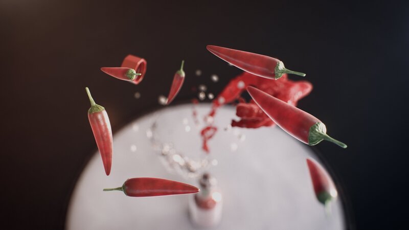 CGI image – hot chili peppers thrown in the air – Bild: The National Geographic Channel CGI image – hot chili peppers thrown in the air – Bild: The National Geographic Channel
