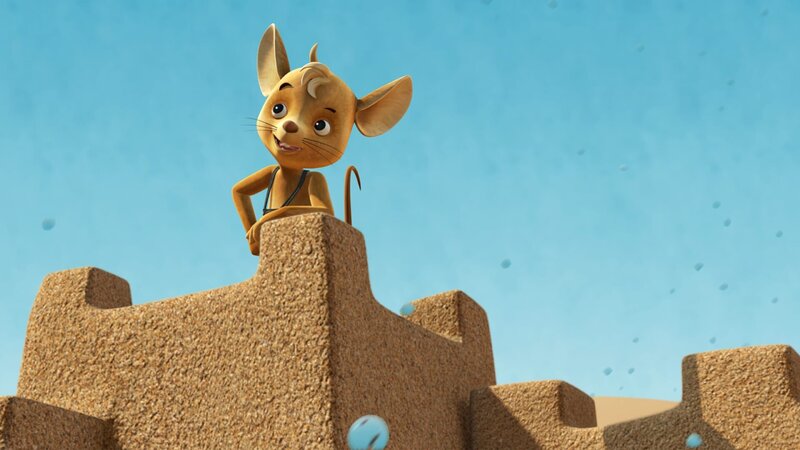 Jo hat es geschafft. Er hat die größte Sandburg gebaut, die man sich vorstellen kann. Doch wo kommen plötzlich die Wassertropfen her? – Bild: ZDF und scopas medien