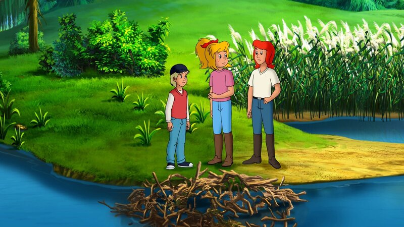 Die Biber sind verschwunden, und die Burg ist zerstört. Bibi und Tina rätseln, was hier vorgefallen sein mag. – Bild: ZDF und Kiddinx – Berlin.