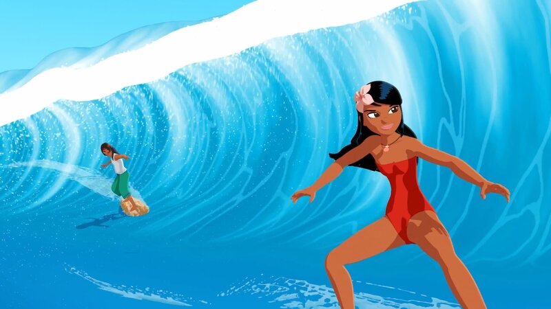 Timeti (r.) und Inapo (l.) gleiten beim Surfwettkampf vor der Insel Maotou durch eine große Welle. – Bild: ZDF und Media Valley/​ Marzipan Films